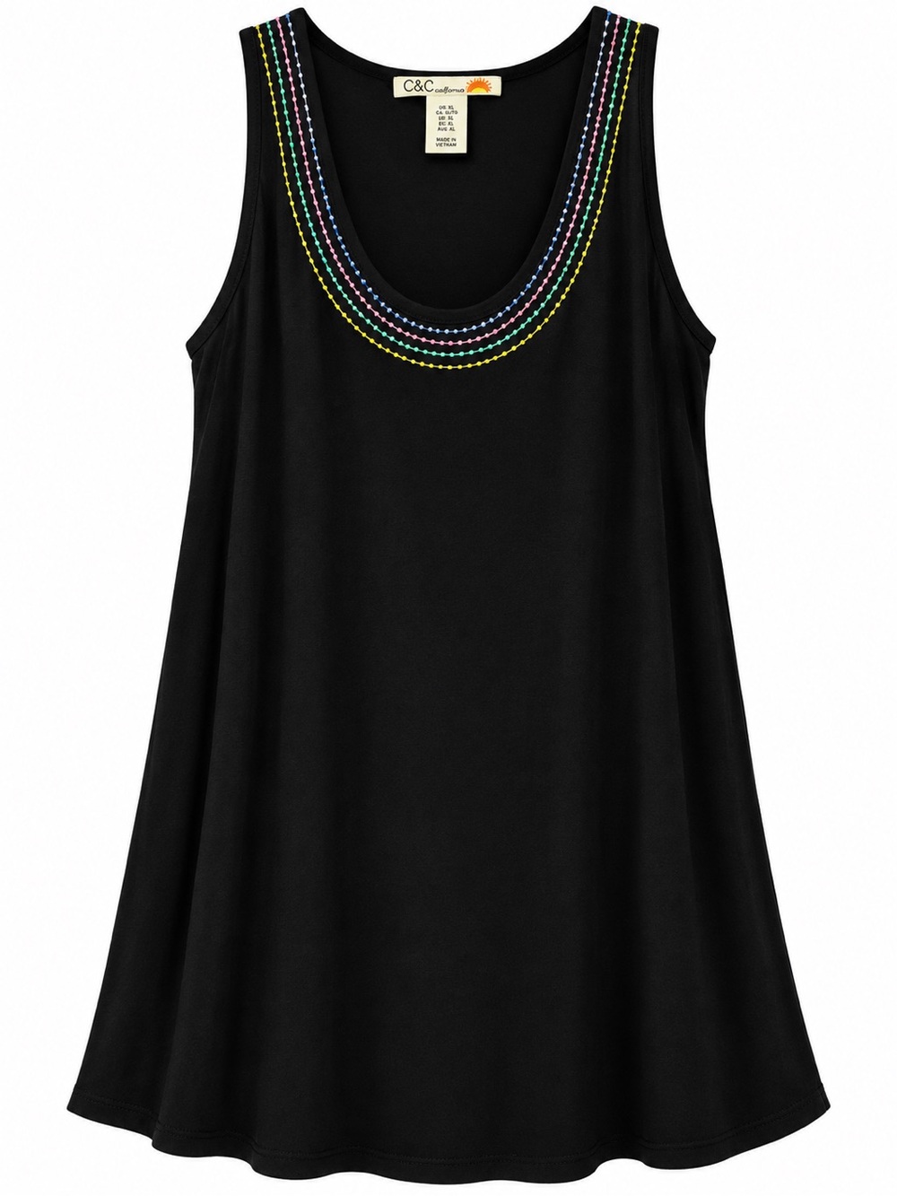 Great everyday black dress.  Accented with neckline colorful stitching